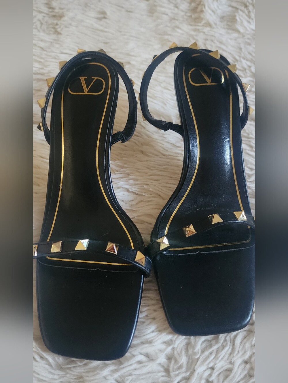 Valentino Black Leather Studded Open-Toe Heel with Gold Accents